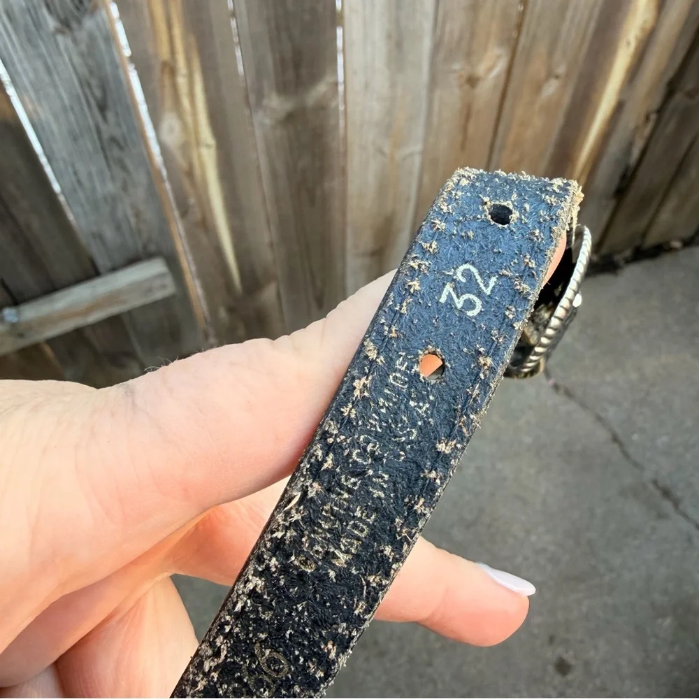 Vintage Black Leather Belt with Silver Buckle Size 32